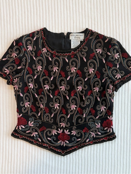 Adrianna Papell Tops - Vintage 100% Silk Embroidered & Beaded Floral Cropped Top by Papell Boutique